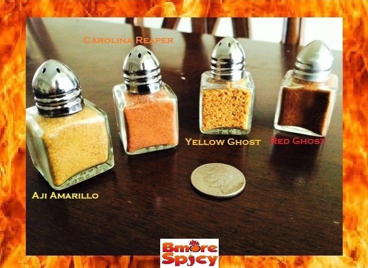 4x Reaper, Red & Yellow Ghost Pepper Aji Amarillo HOT Chili powder shakers .5 OZ