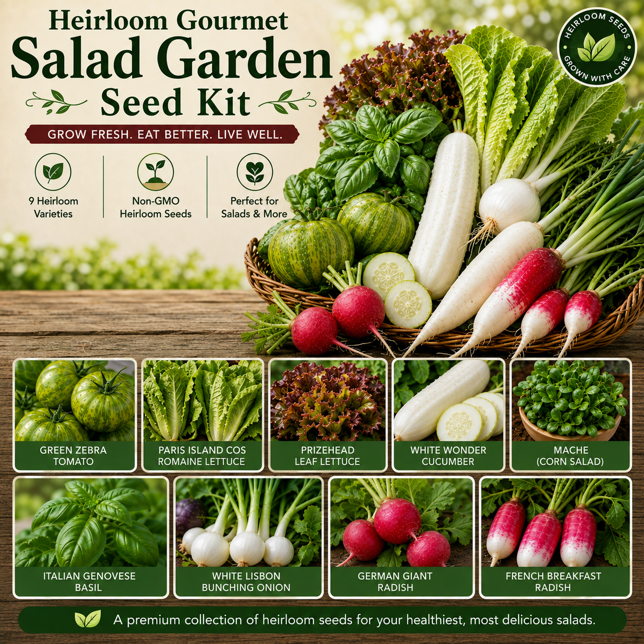 Heirloom Gourmet Salad Garden Seed Kit - Green Zebra Tomato, White Wonder Cucumber, Radish, Mache Salad, Bunching Green Onion, Basil, & Lettuce Seeds