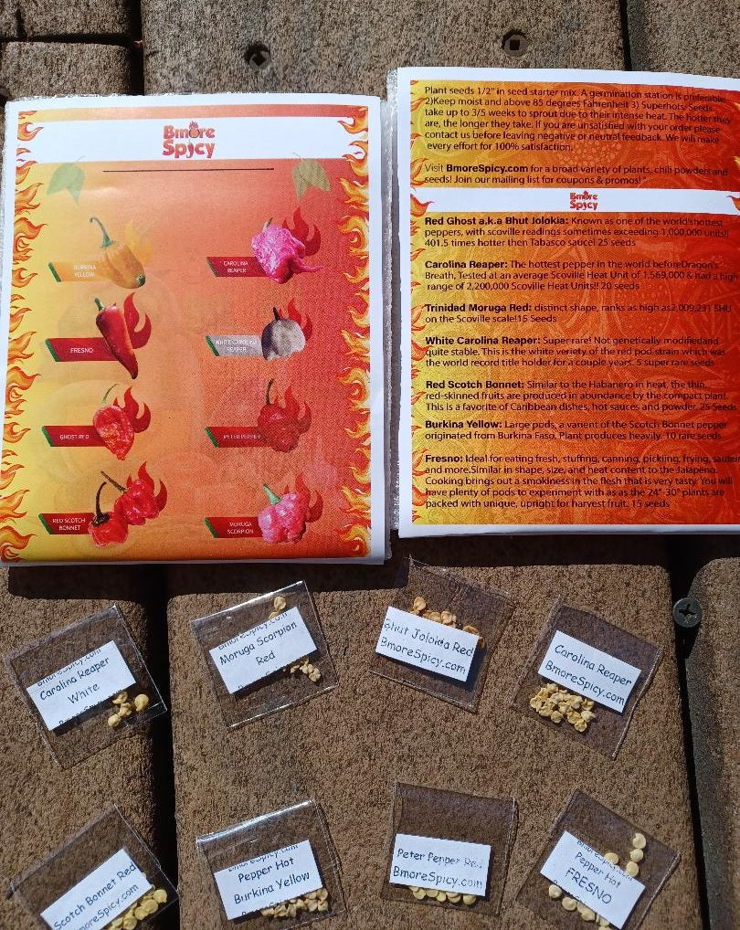 Combo Pack: Carolina Reaper Red & White, Red Ghost Pepper, Moruga Scorpion, Red Scotch Bonnet, Peter Pepper, Fresno, Burkina Yellow 125 Seeds Total! Worlds Hottest Chili Peppers!