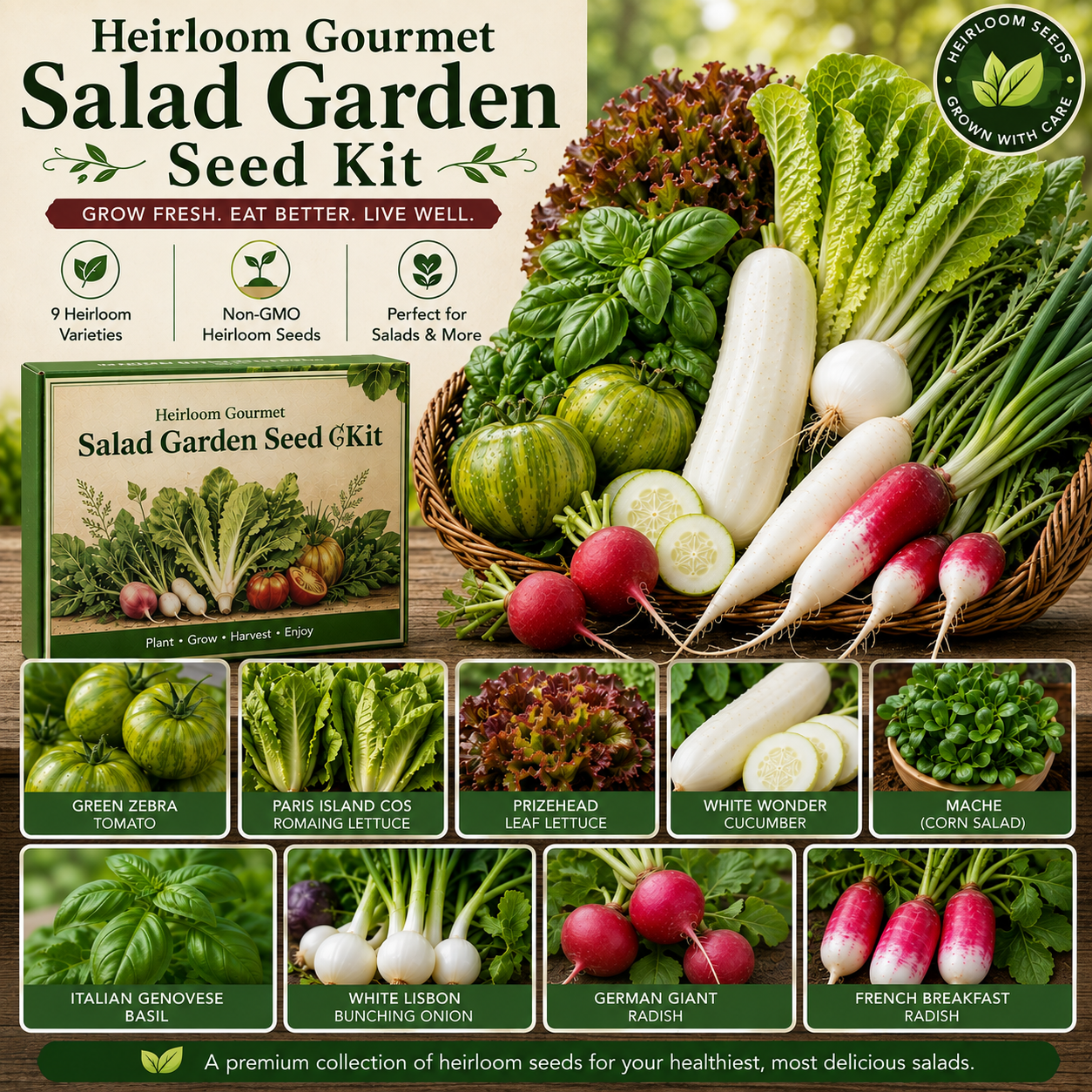 Heirloom Gourmet Salad Garden Seed Kit - Green Zebra Tomato, White Wonder Cucumber, Radish, Mache Salad, Bunching Green Onion, Basil, & Lettuce Seeds
