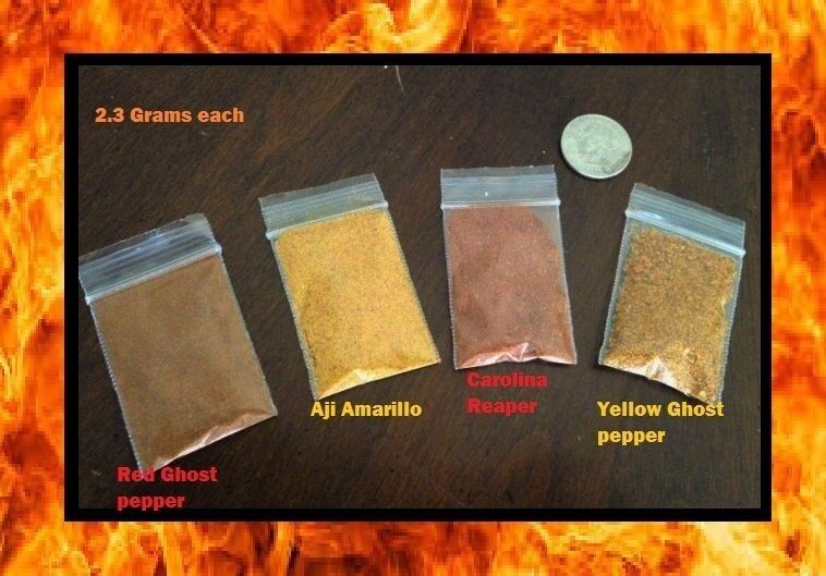 2.3 Grams Carolina Reaper, Red smoked & Yellow Ghost pepper, Aji Amarillo Powder